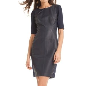 Trina Turk Leather Panel Navy Sheath Dress A0001